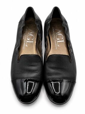 AGL Attilio Giusti Leombruni Black Leather Cap Toe Loafers Flats Shoes 38